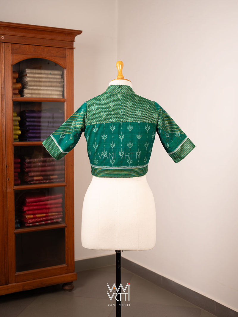 Rama Green Lotus Bud Collared Cotton Ikat Blouse