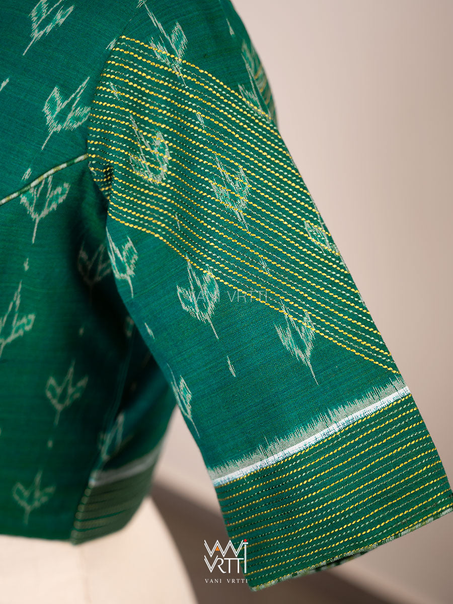Rama Green Lotus Bud Collared Cotton Ikat Blouse