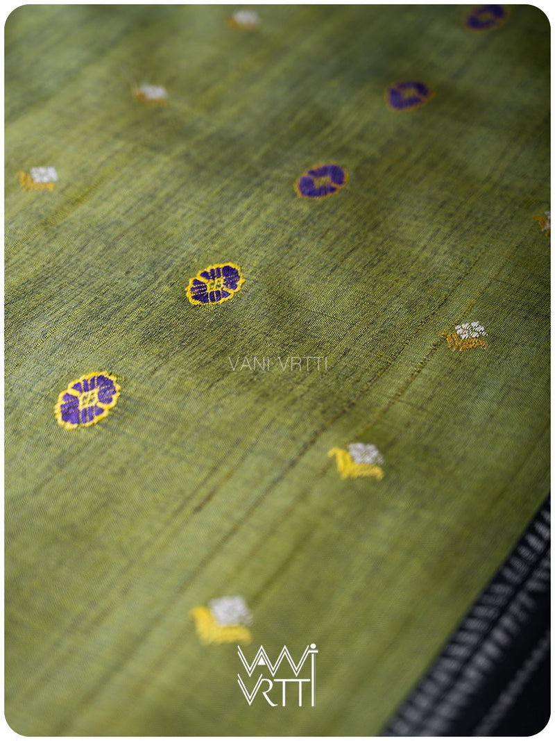 Mehendi Green Black Brahma Kamal Master Weave Exclusive Handspun Tussar Silk Saree