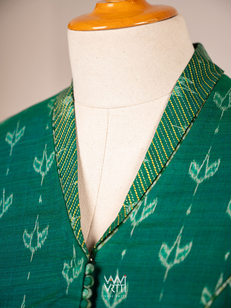 Rama Green Lotus Bud Collared Cotton Ikat Blouse