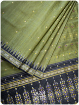 Mehendi Green Black Brahma Kamal Master Weave Exclusive Handspun Tussar Silk Saree