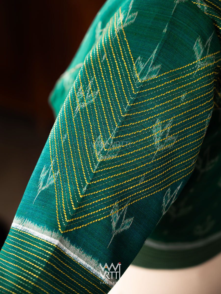 Rama Green Lotus Bud Collared Cotton Ikat Blouse