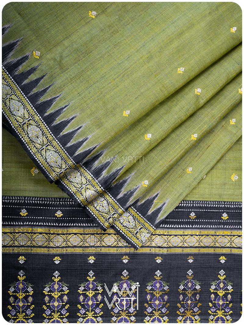 Mehendi Green Black Brahma Kamal Master Weave Exclusive Handspun Tussar Silk Saree