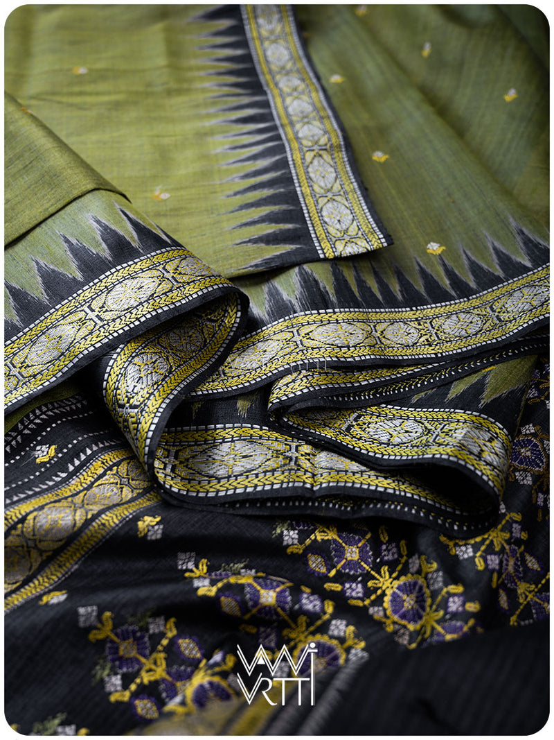 Mehendi Green Black Brahma Kamal Master Weave Exclusive Handspun Tussar Silk Saree