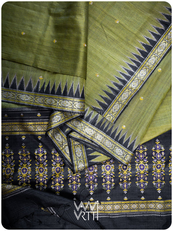 Mehendi Green Black Brahma Kamal Master Weave Exclusive Handspun Tussar Silk Saree