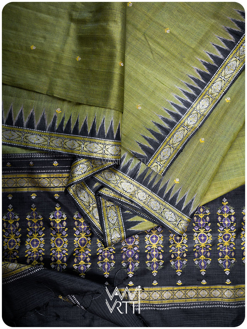 Mehendi Green Black Brahma Kamal Master Weave Exclusive Handspun Tussar Silk Saree