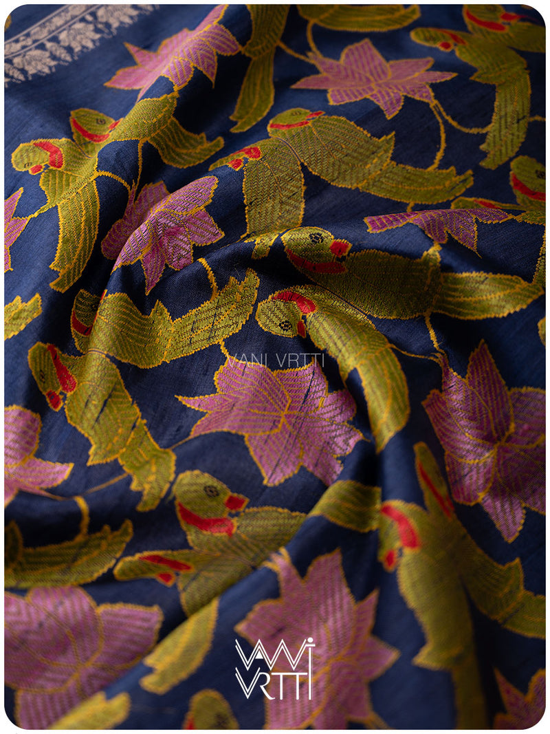 Midnight Blue Lotus Parrot Jaal Designer Exclusive Handspun Handwoven Tussar Silk Saree