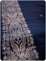 Midnight Blue Lotus Parrot Jaal Designer Exclusive Handspun Handwoven Tussar Silk Saree