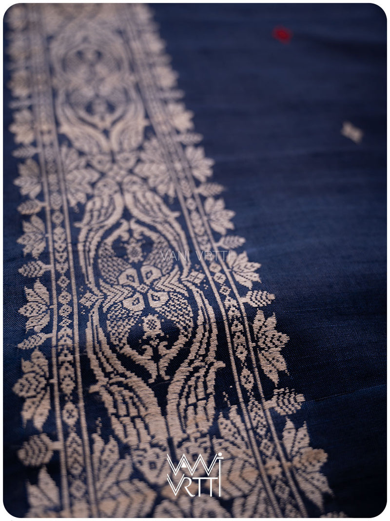 Midnight Blue Lotus Parrot Jaal Designer Exclusive Handspun Handwoven Tussar Silk Saree
