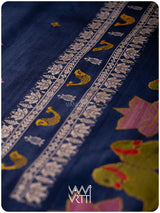 Midnight Blue Lotus Parrot Jaal Designer Exclusive Handspun Handwoven Tussar Silk Saree