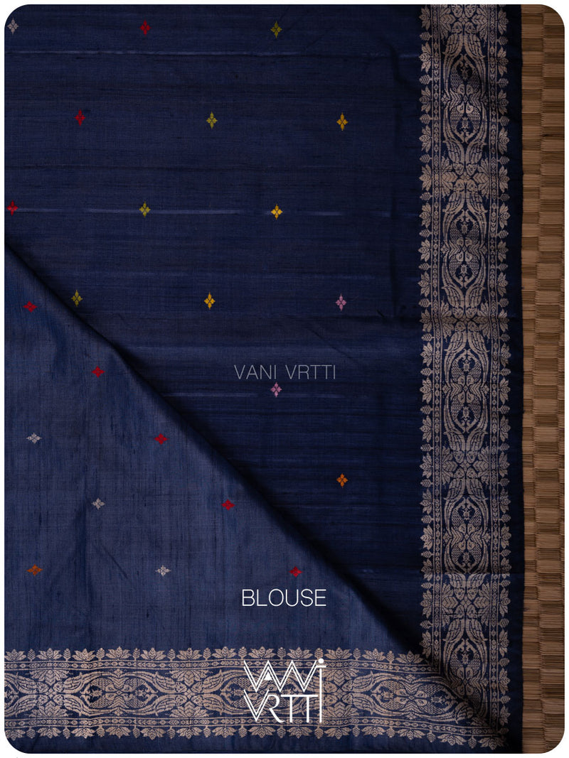 Midnight Blue Lotus Parrot Jaal Designer Exclusive Handspun Handwoven Tussar Silk Saree