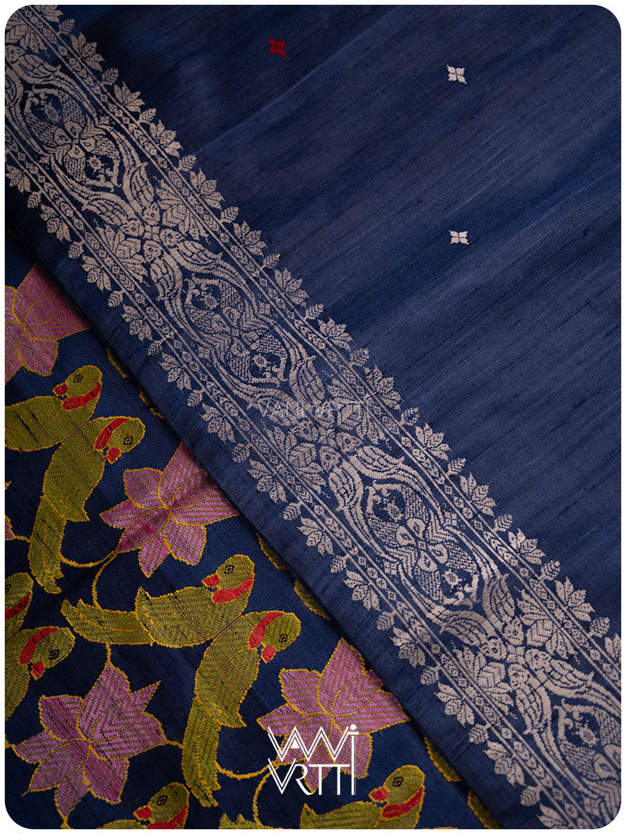 Midnight Blue Lotus Parrot Jaal Designer Exclusive Handspun Handwoven Tussar Silk Saree