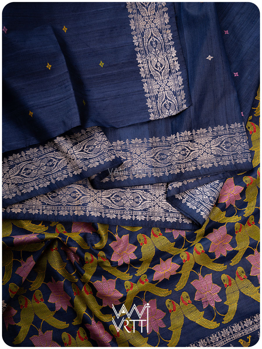 Midnight Blue Lotus Parrot Jaal Designer Exclusive Handspun Handwoven Tussar Silk Saree