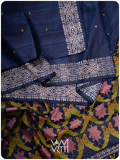 Midnight Blue Lotus Parrot Jaal Designer Exclusive Handspun Handwoven Tussar Silk Saree
