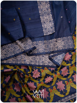 Midnight Blue Lotus Parrot Jaal Designer Exclusive Handspun Handwoven Tussar Silk Saree