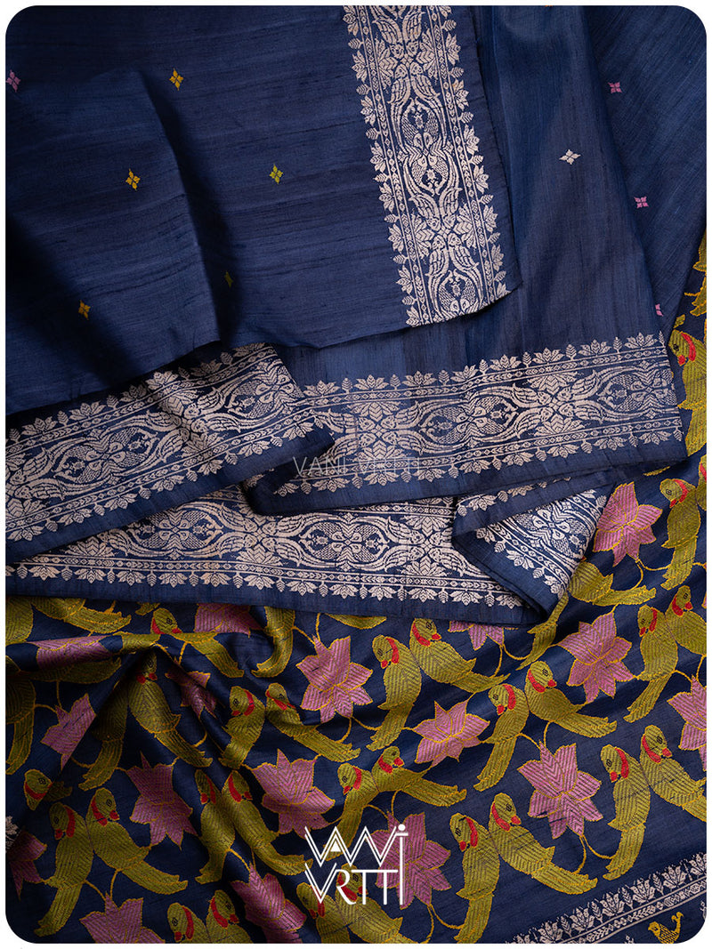 Midnight Blue Lotus Parrot Jaal Designer Exclusive Handspun Handwoven Tussar Silk Saree