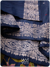 Midnight Blue Lotus Parrot Jaal Designer Exclusive Handspun Handwoven Tussar Silk Saree
