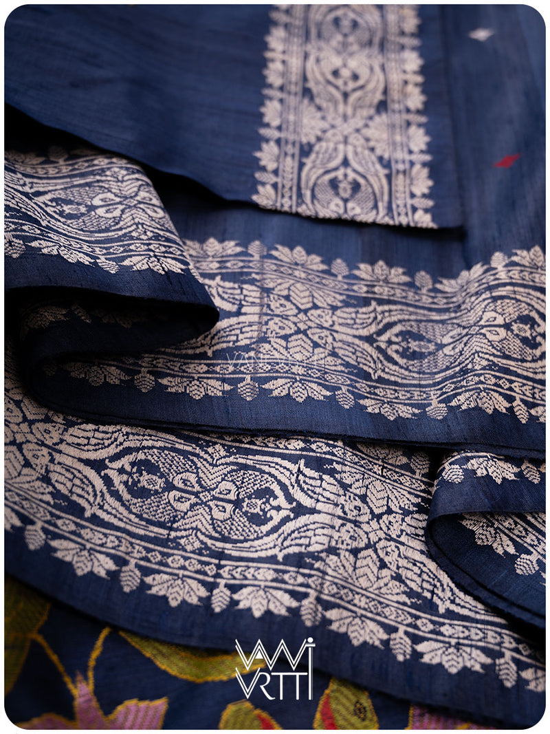 Midnight Blue Lotus Parrot Jaal Designer Exclusive Handspun Handwoven Tussar Silk Saree