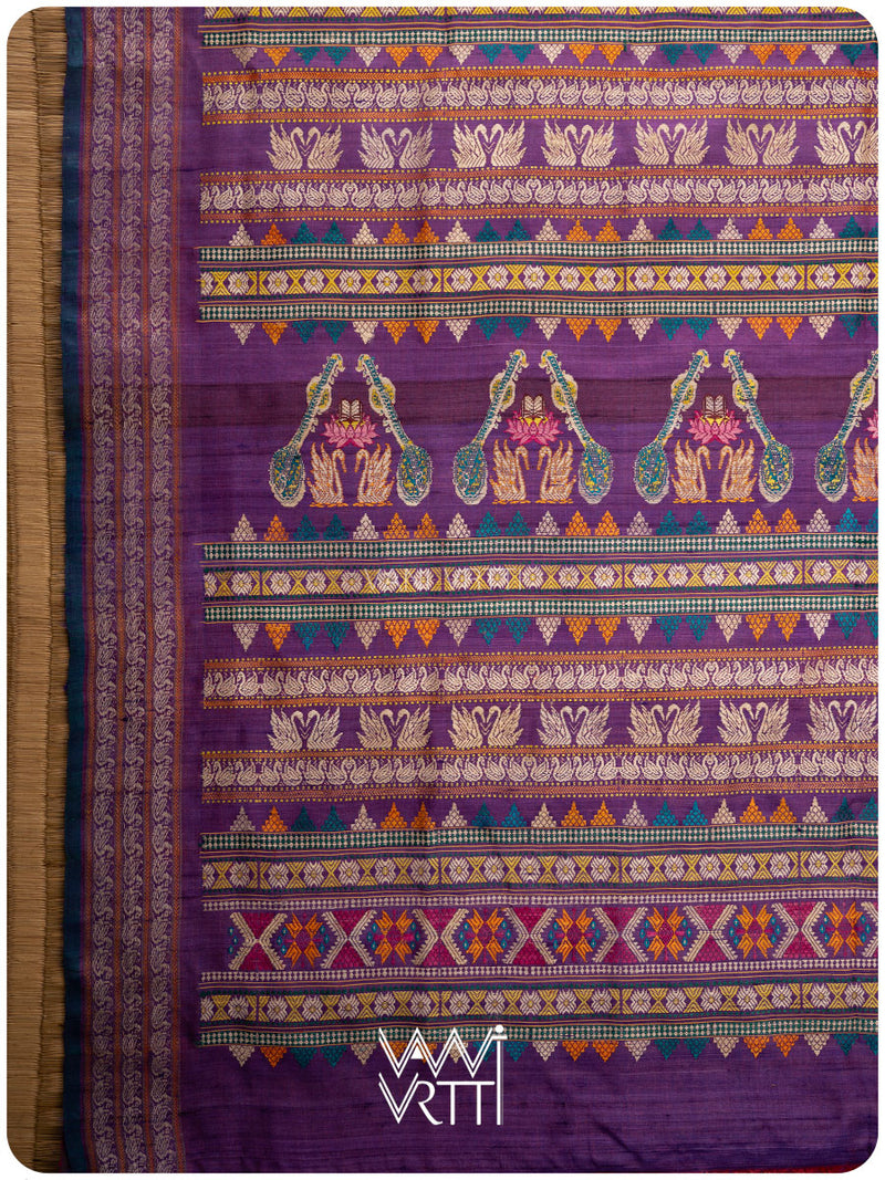 Mango Yellow Purple Veena Pani Lata Master Weave Exclusive Handspun Tussar Silk Saree