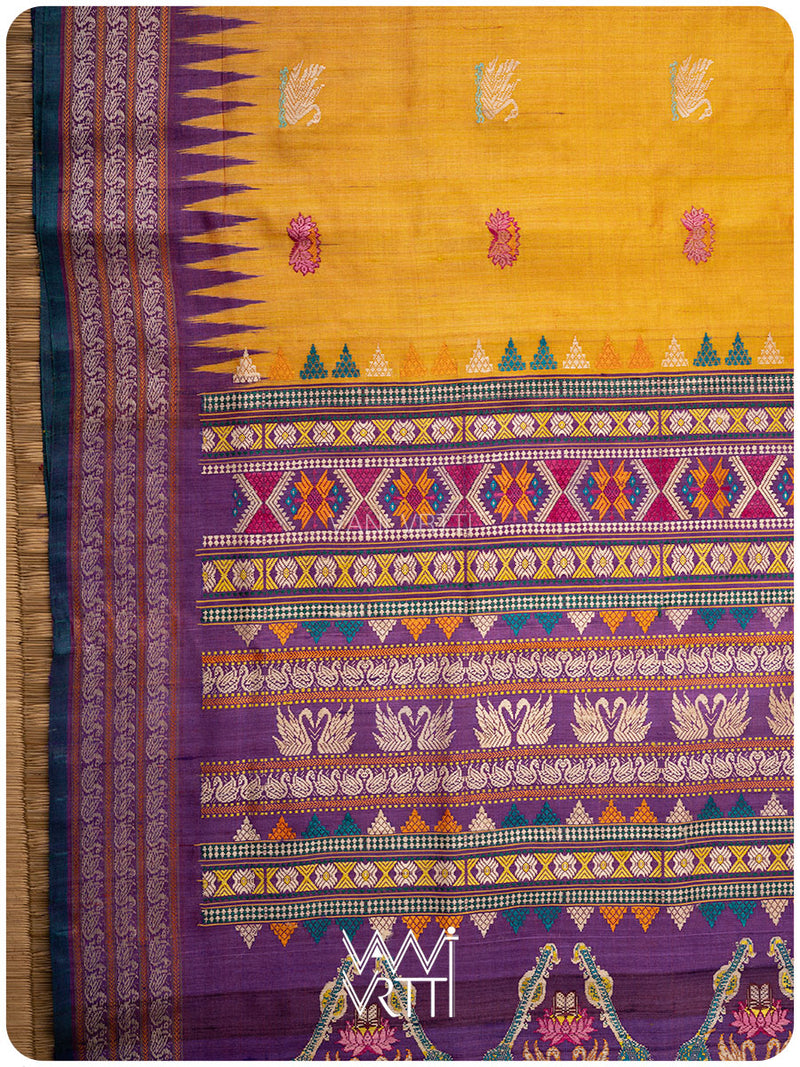 Mango Yellow Purple Veena Pani Lata Master Weave Exclusive Handspun Tussar Silk Saree