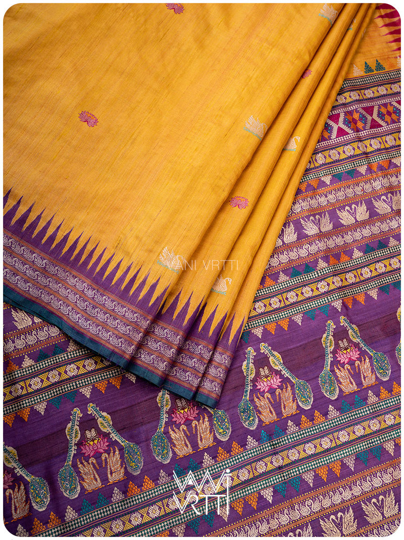 Mango Yellow Purple Veena Pani Lata Master Weave Exclusive Handspun Tussar Silk Saree