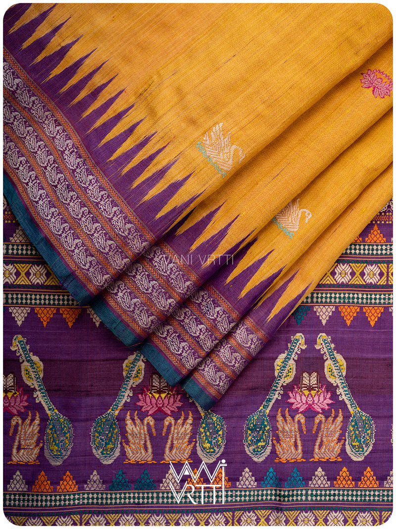 Mango Yellow Purple Veena Pani Lata Master Weave Exclusive Handspun Tussar Silk Saree
