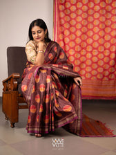 Brown Red Surya Ikat Handspun Tussar Silk Saree