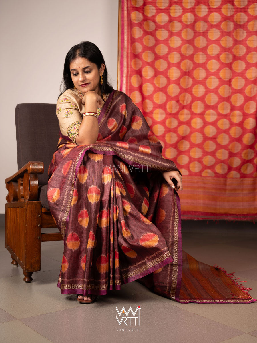 Brown Red Surya Ikat Handspun Tussar Silk Saree