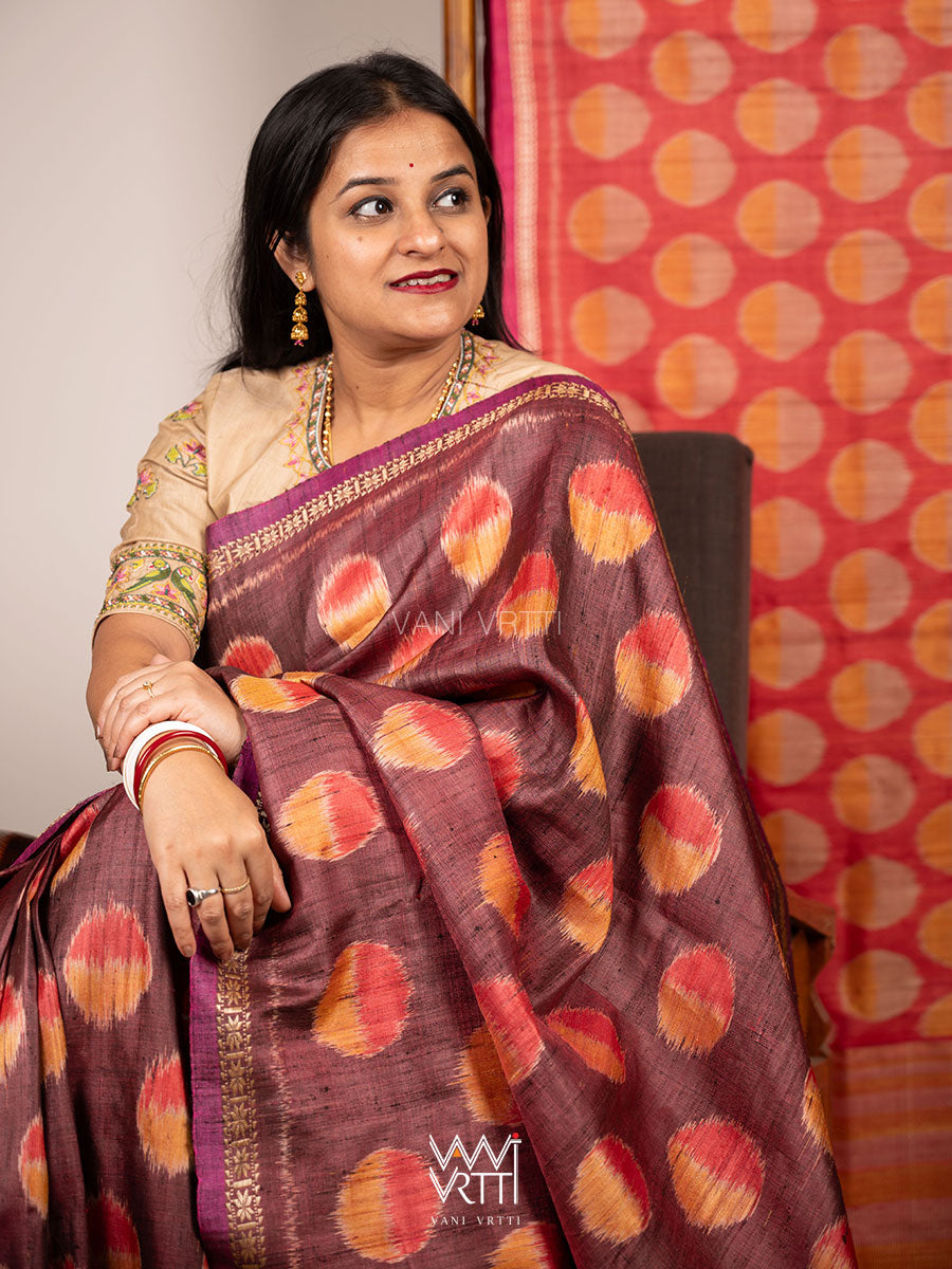 Brown Red Surya Ikat Handspun Tussar Silk Saree