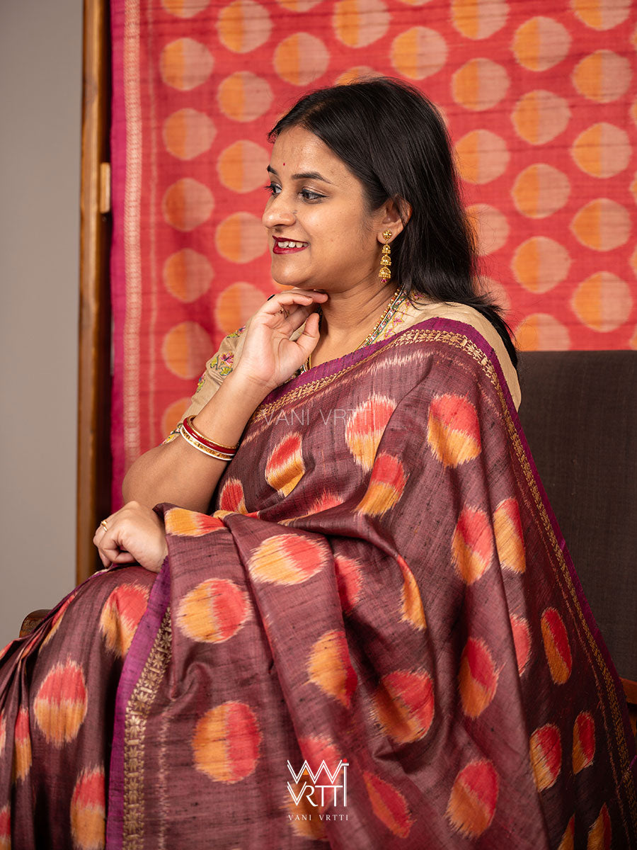 Brown Red Surya Ikat Handspun Tussar Silk Saree