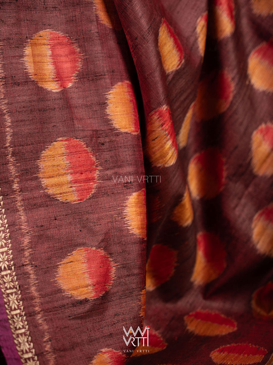 Brown Red Surya Ikat Handspun Tussar Silk Saree