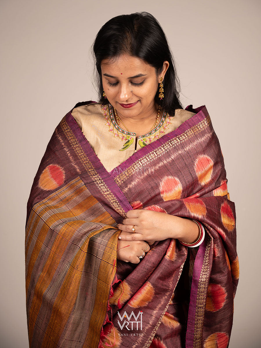 Brown Red Surya Ikat Handspun Tussar Silk Saree