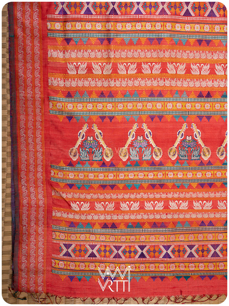Off White Red Ganga Jamuna Veena Pani Lata Master Weave Exclusive Handspun Tussar Silk Saree