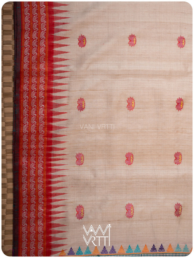 Off White Red Ganga Jamuna Veena Pani Lata Master Weave Exclusive Handspun Tussar Silk Saree