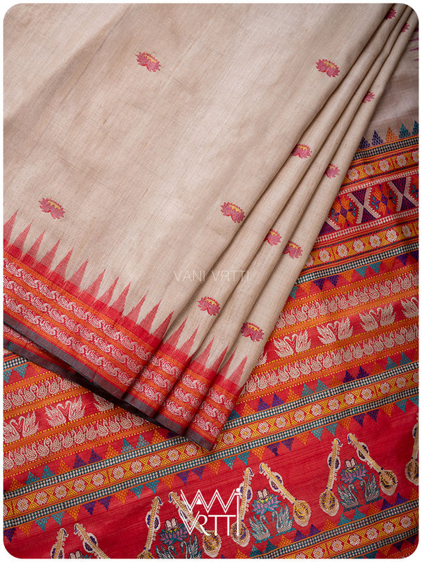 Off White Red Ganga Jamuna Veena Pani Lata Master Weave Exclusive Handspun Tussar Silk Saree