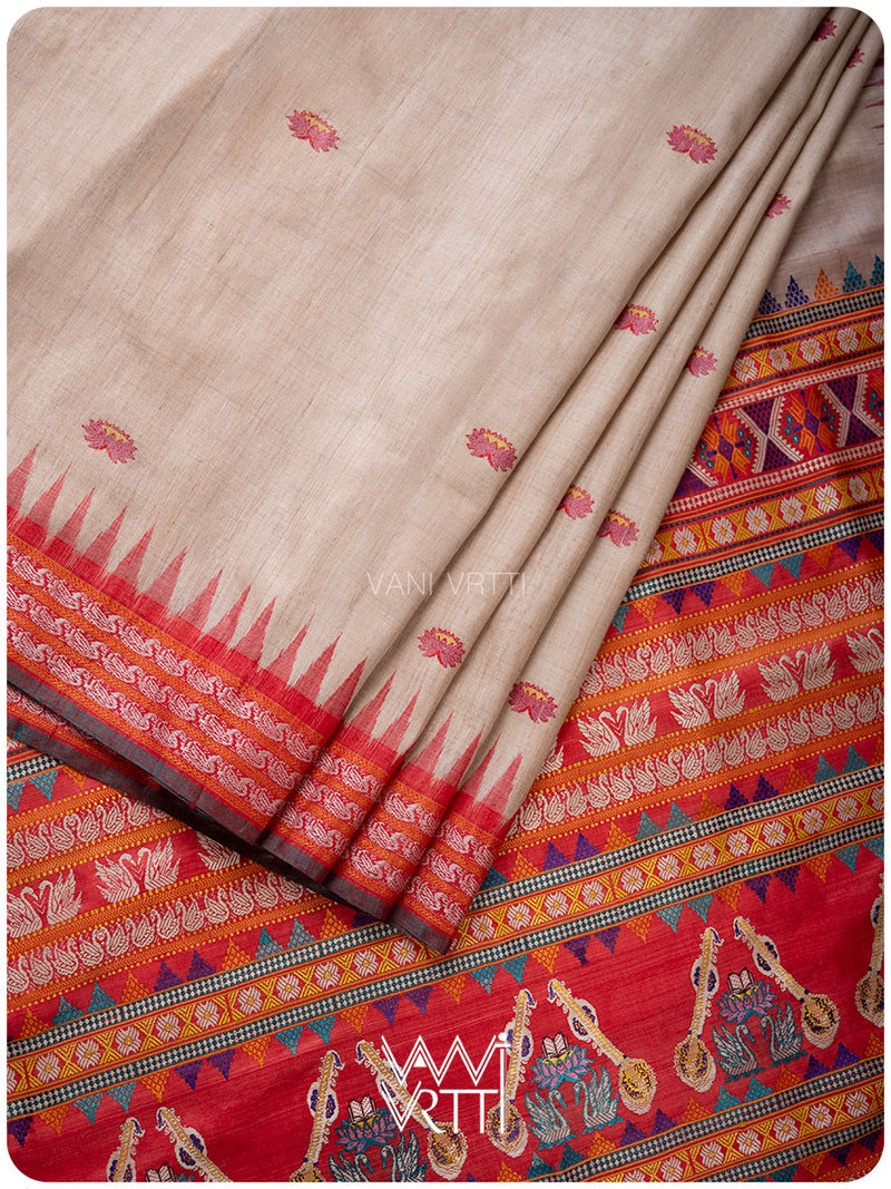 Off White Red Ganga Jamuna Veena Pani Lata Master Weave Exclusive Handspun Tussar Silk Saree