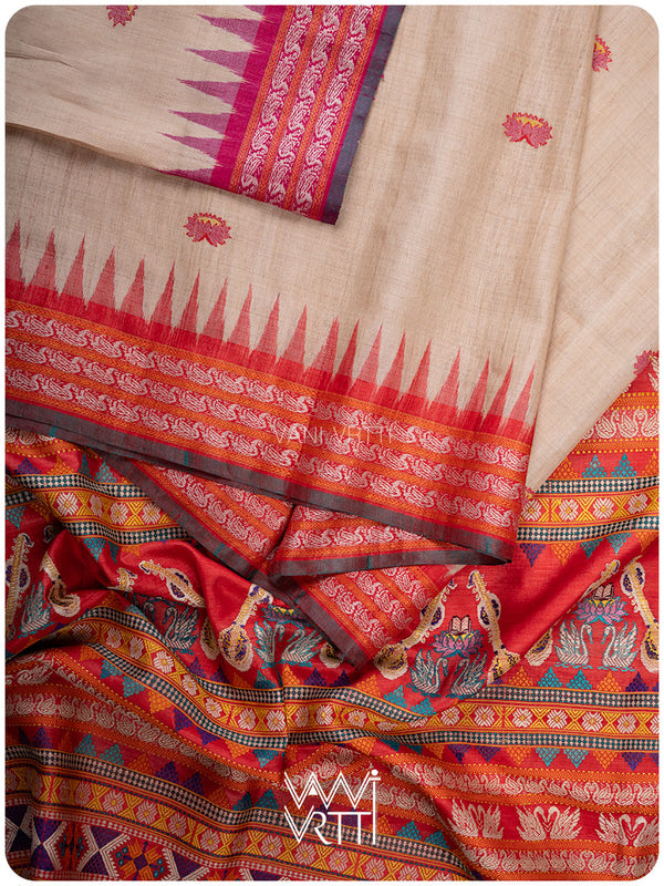 Off White Red Ganga Jamuna Veena Pani Lata Master Weave Exclusive Handspun Tussar Silk Saree
