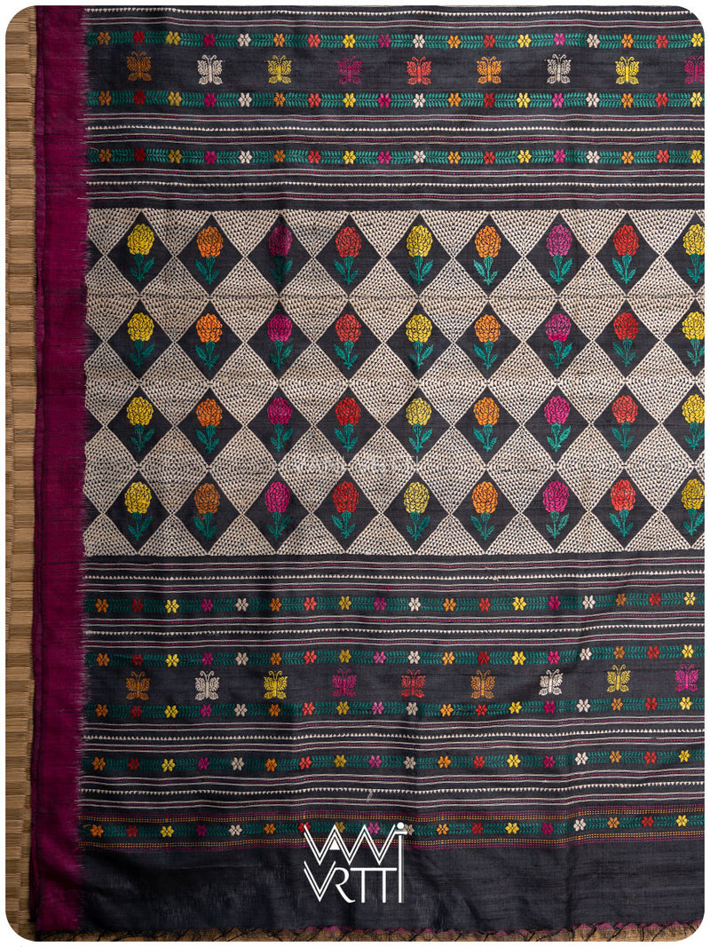 Slate Black Magenta Rust Marigold Wild Garden Master Weave Exclusive Handspun Tussar Silk Saree