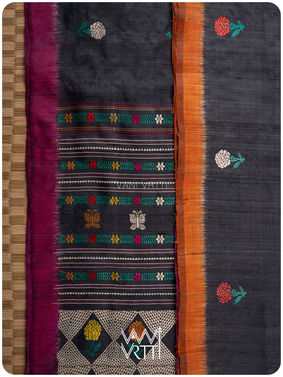 Slate Black Magenta Rust Marigold Wild Garden Master Weave Exclusive Handspun Tussar Silk Saree