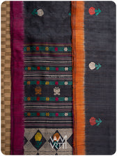 Slate Black Magenta Rust Marigold Wild Garden Master Weave Exclusive Handspun Tussar Silk Saree