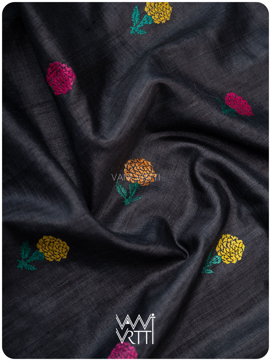 Slate Black Magenta Rust Marigold Wild Garden Master Weave Exclusive Handspun Tussar Silk Saree
