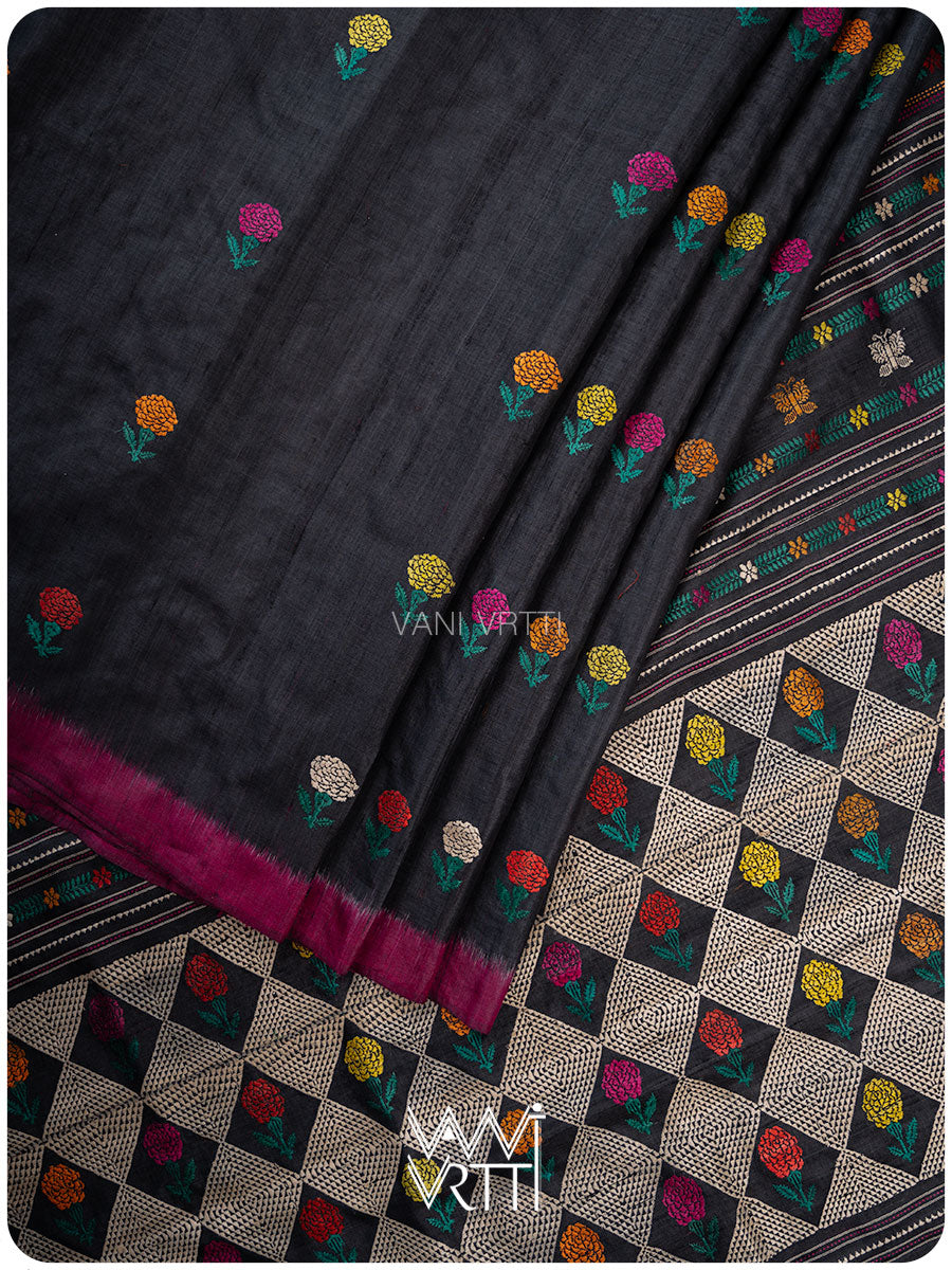 Slate Black Magenta Rust Marigold Wild Garden Master Weave Exclusive Handspun Tussar Silk Saree