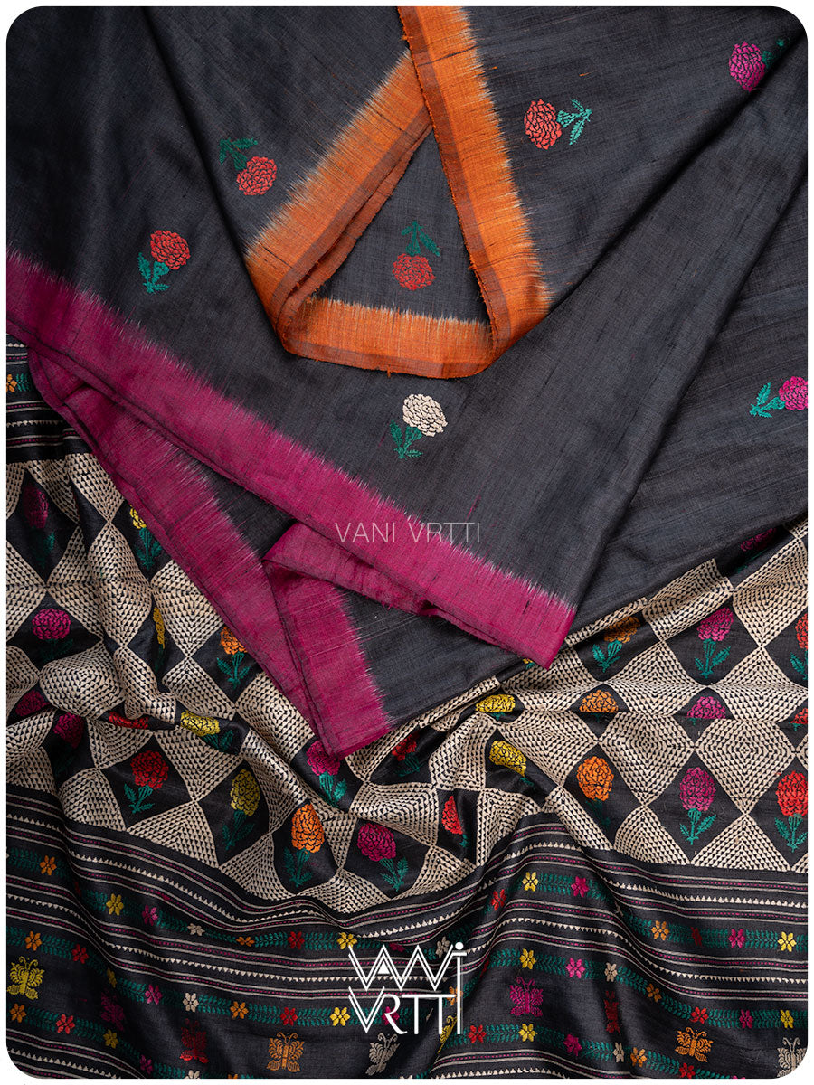 Slate Black Magenta Rust Marigold Wild Garden Master Weave Exclusive Handspun Tussar Silk Saree