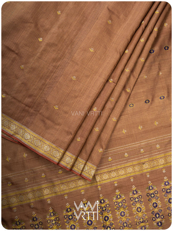 Caramel Brown Brahma Kamal Master Weave Exclusive Handspun Tussar Silk Saree