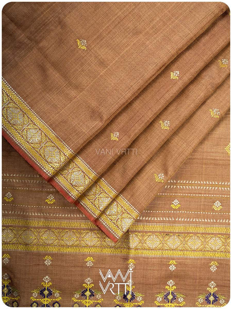 Caramel Brown Brahma Kamal Master Weave Exclusive Handspun Tussar Silk Saree