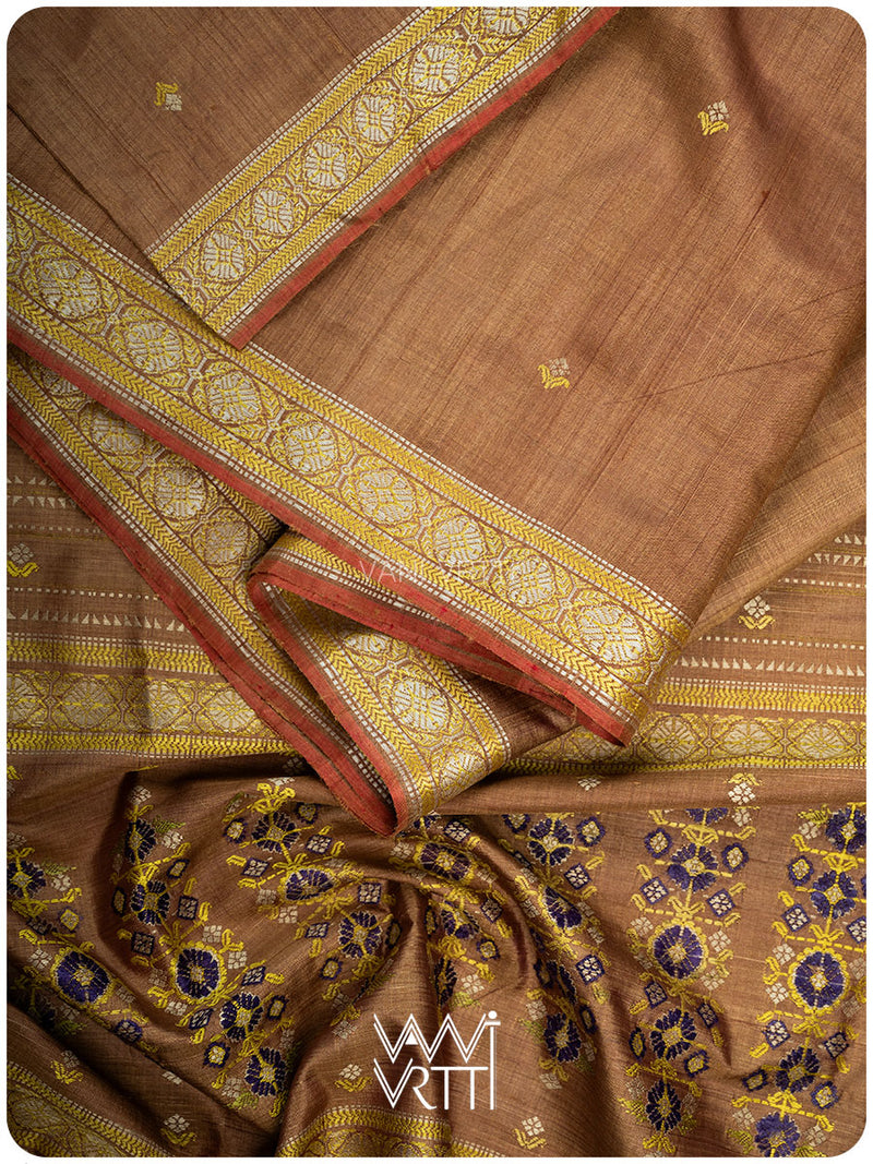 Caramel Brown Brahma Kamal Master Weave Exclusive Handspun Tussar Silk Saree