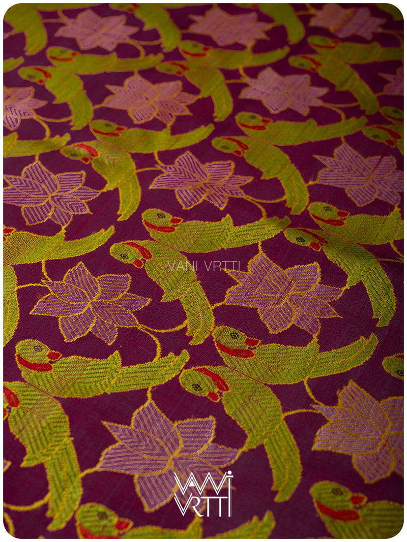 Deep Wine Pink Lotus Parrot Jaal Designer Exclusive Handspun Handwoven Tussar Silk Saree