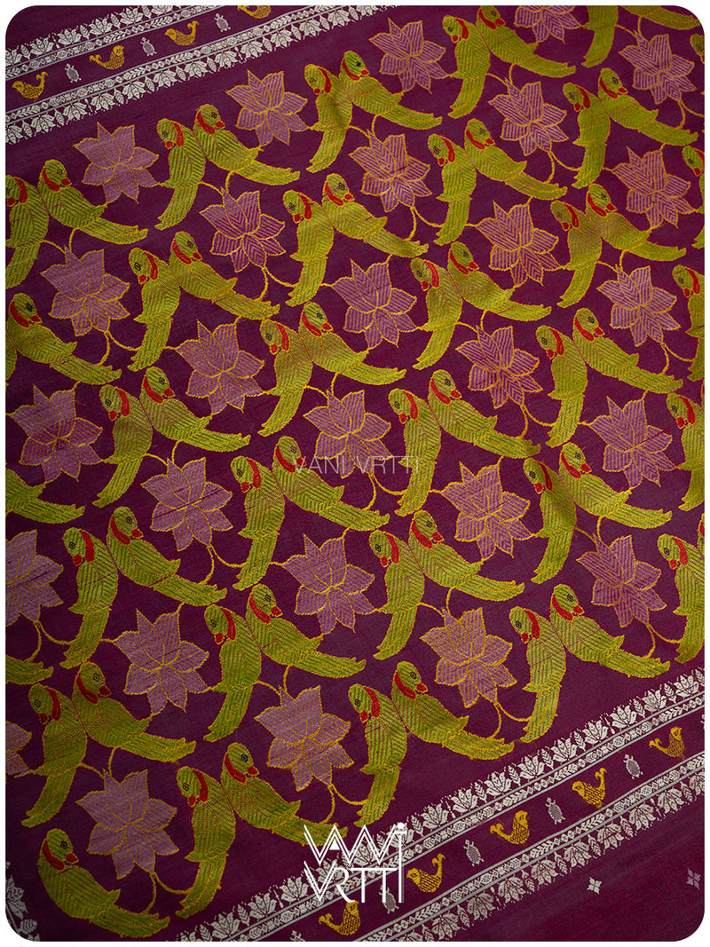 Deep Wine Pink Lotus Parrot Jaal Designer Exclusive Handspun Handwoven Tussar Silk Saree