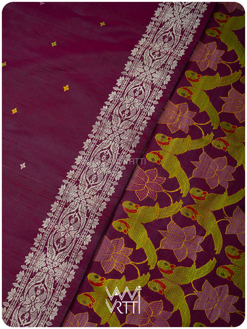 Deep Wine Pink Lotus Parrot Jaal Designer Exclusive Handspun Handwoven Tussar Silk Saree