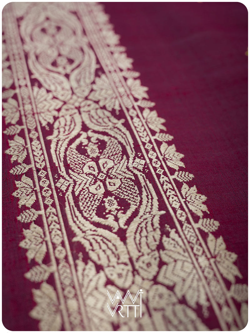 Deep Wine Pink Lotus Parrot Jaal Designer Exclusive Handspun Handwoven Tussar Silk Saree
